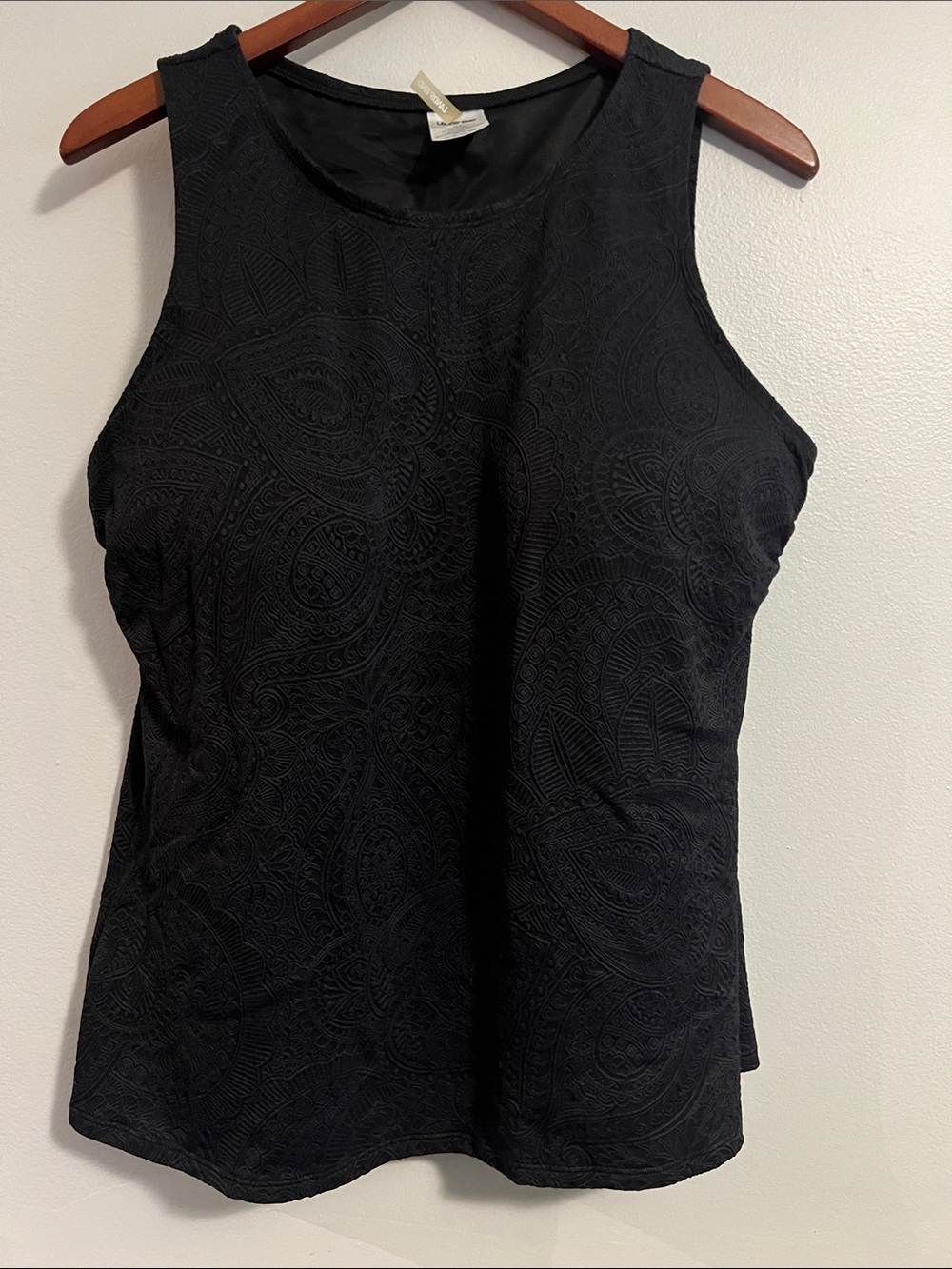 Lands' End Black Textured Paisley Tank / Swim Top with bra, sz 14D